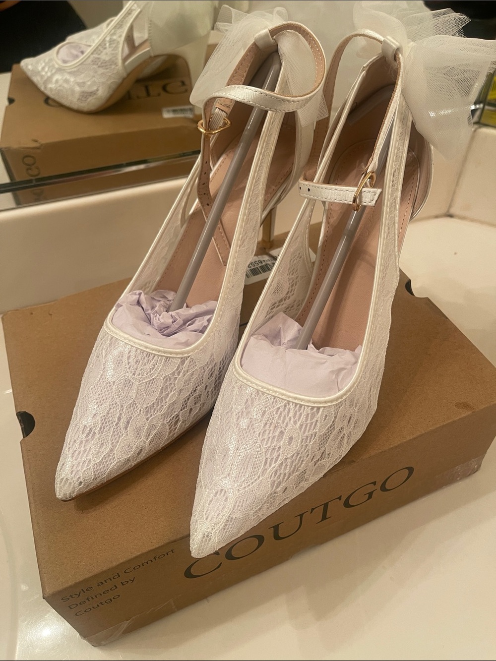 Coutgo White Lace Pointed-Ankle Strap Heels